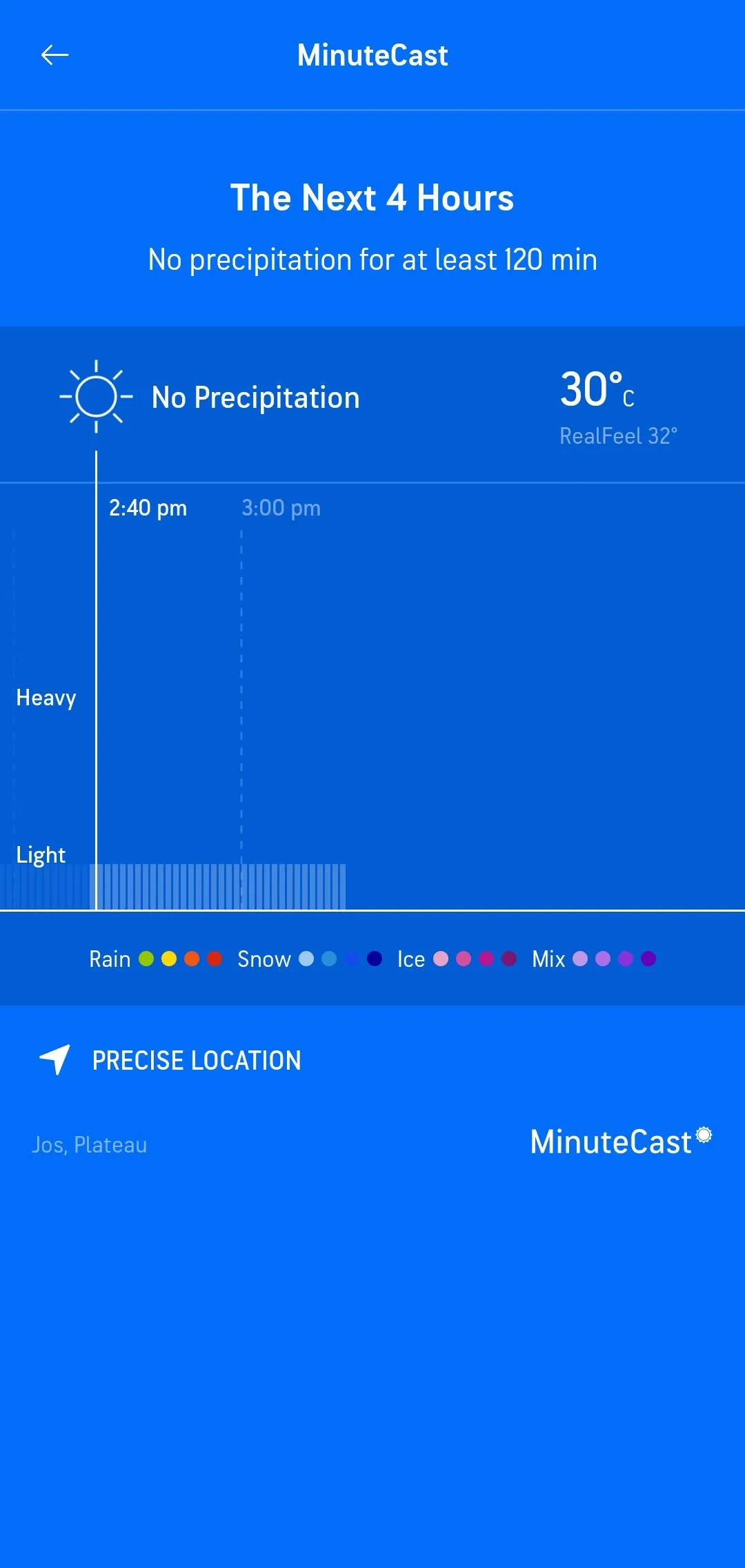 Giao diện tính năng MinuteCast của AccuWeather hiển thị dự báo không mưa trong 120 phút tới, minh họa độ chính xác từng phút.