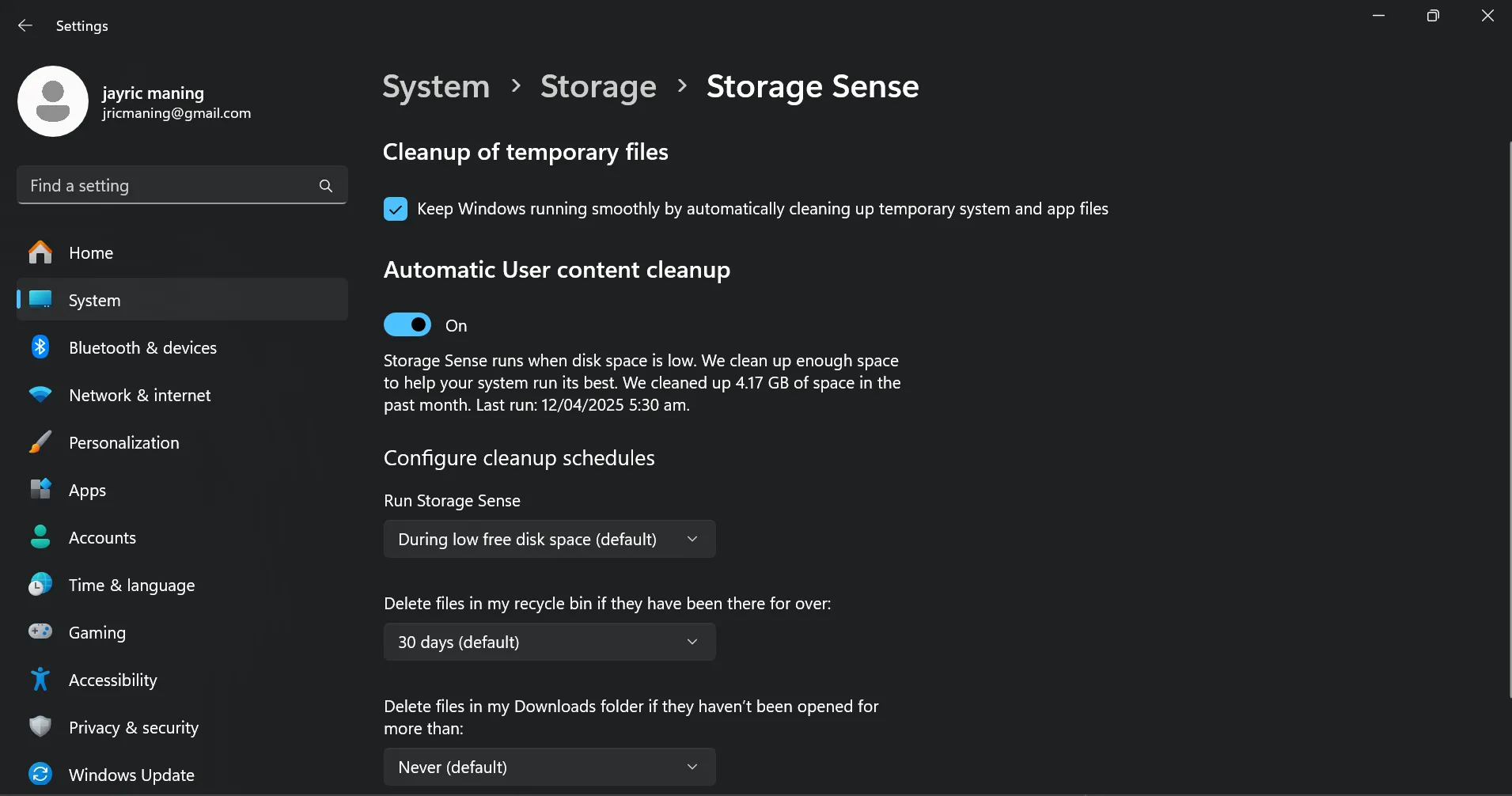 Giao diện tính năng Storage Sense của Windows hiển thị dung lượng đã tiết kiệm