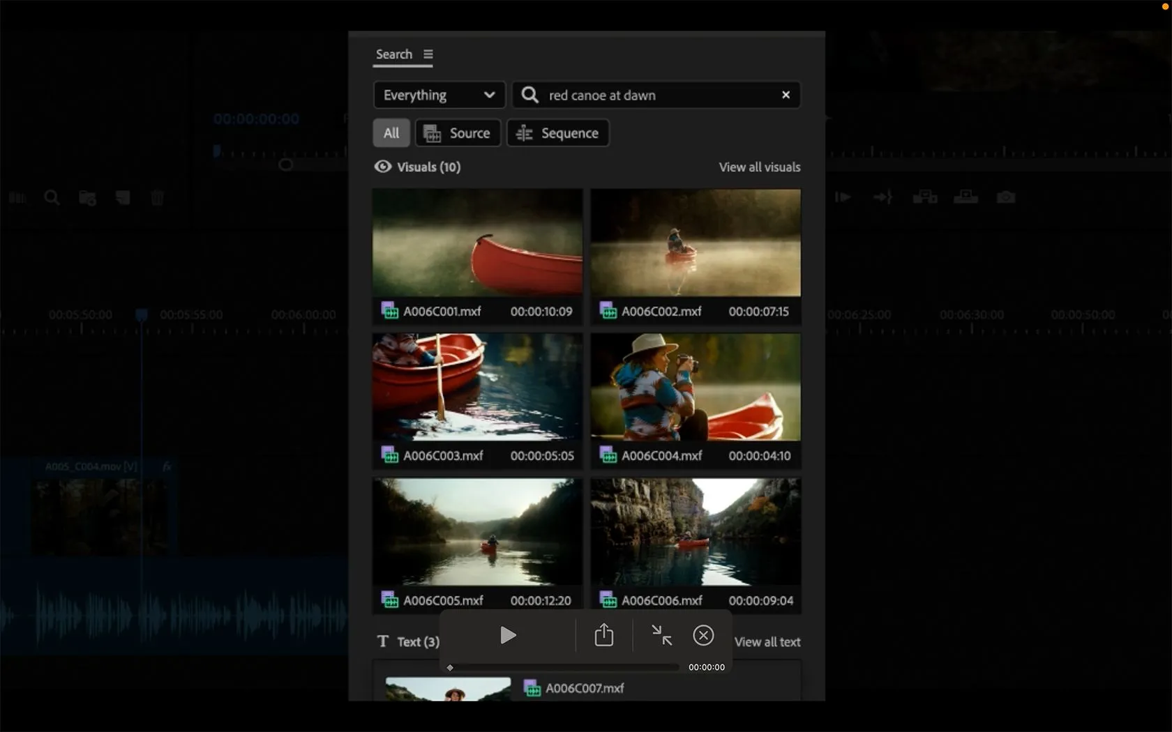 Giao diện tính năng tìm kiếm thông minh bằng AI của Premiere Pro
