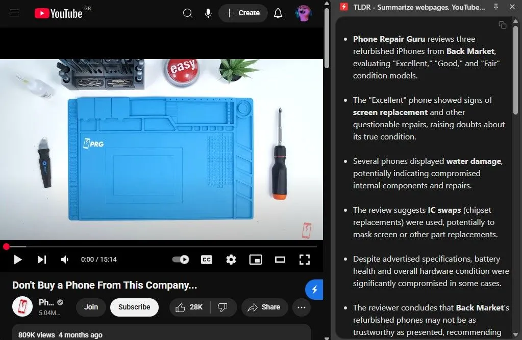 Giao diện TLDR hiển thị tóm tắt video về việc mua điện thoại tân trang từ Back Market