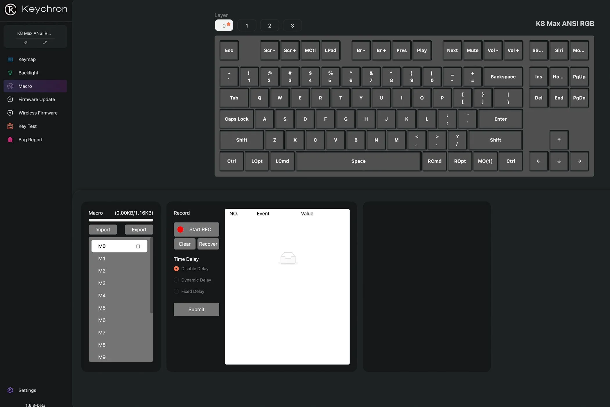 Giao diện trang cài đặt macro của phần mềm Keychron Launcher trên trình duyệt web