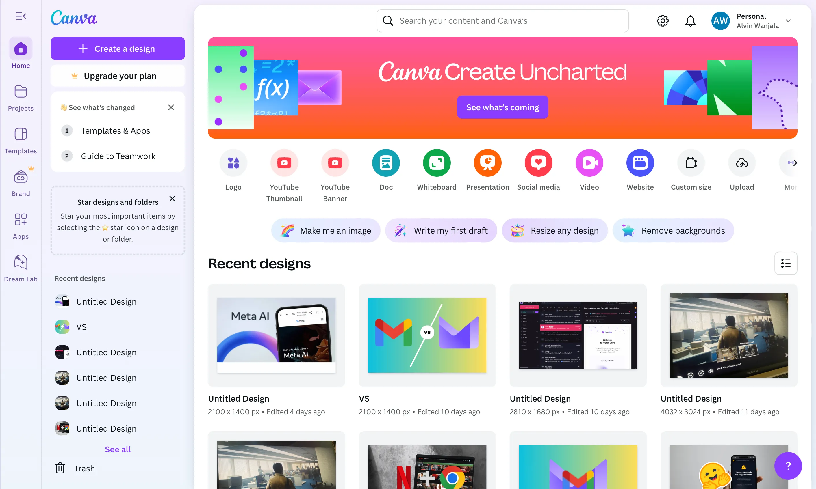 Giao diện trang chủ Canva sau khi đăng nhập, thể hiện các tùy chọn thiết kế và dự án đã tạo, tối ưu cho việc tạo đồ họa trực tuyến miễn phí.