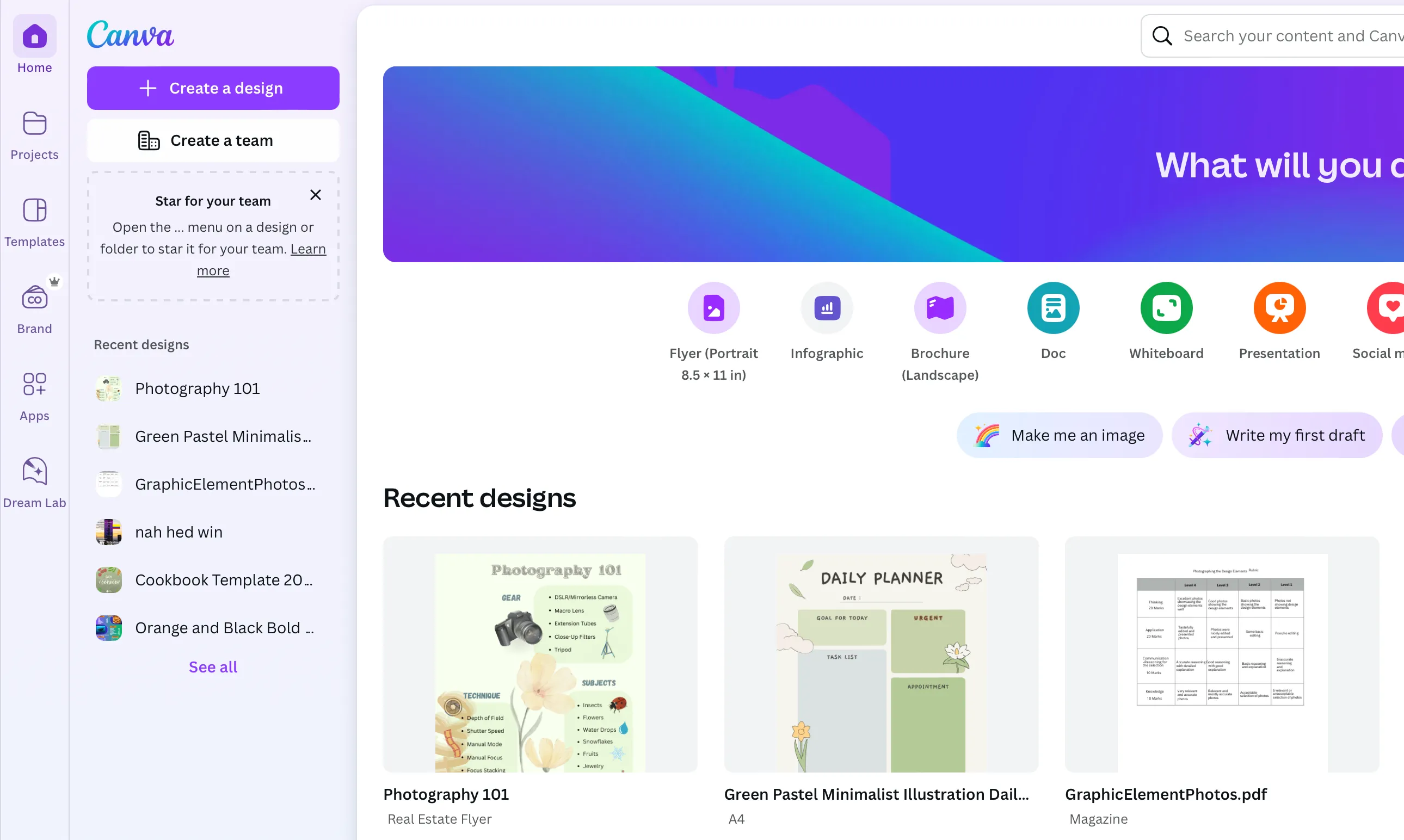 Giao diện trang chủ Canva với các tùy chọn thiết kế và template phổ biến.