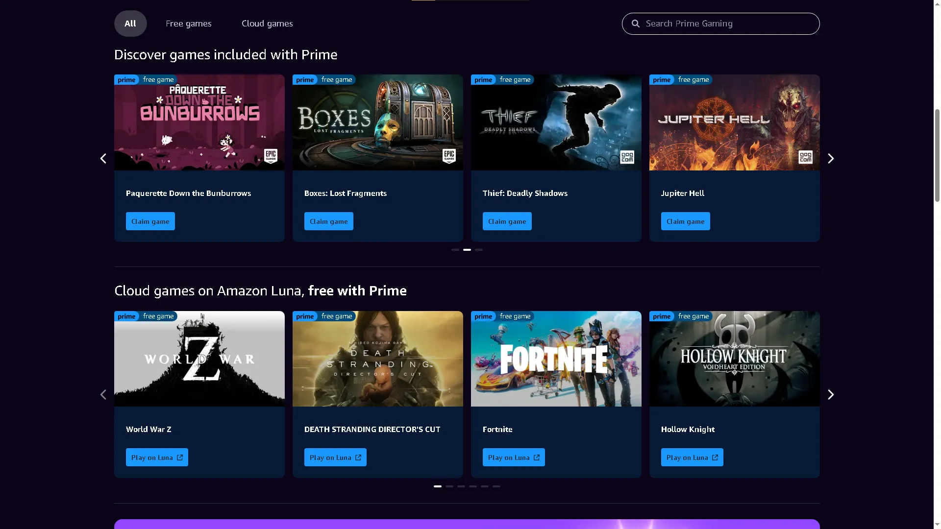 Giao diện trang chủ của Prime Gaming với các game và ưu đãi nổi bật