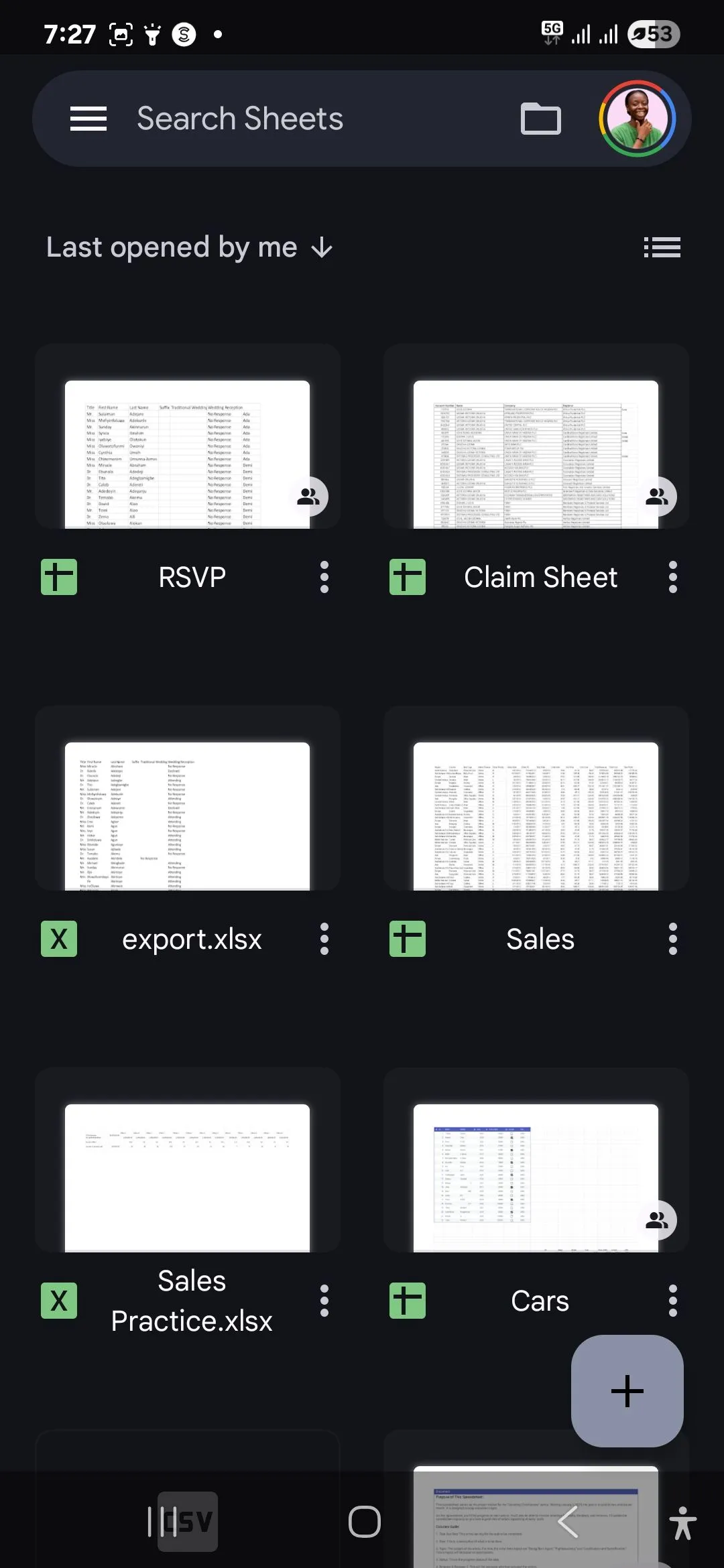 Giao diện trang chủ Google Sheets trên thiết bị Android, minh họa tính nhất quán hệ sinh thái Google