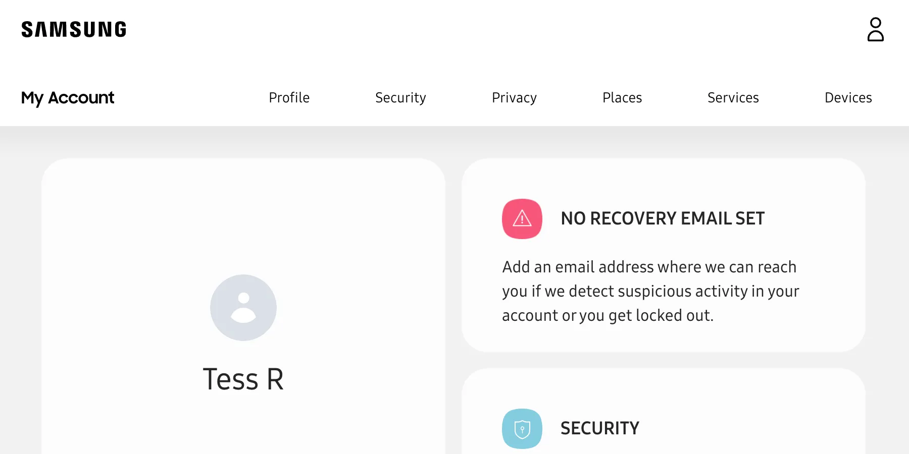 Giao diện trang chủ tài khoản Samsung sau khi đăng nhập để quản lý thông tin cá nhân và cài đặt bảo mật.