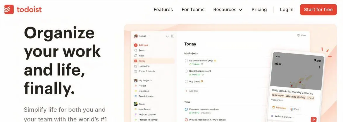 Giao diện trang chủ ứng dụng quản lý công việc Todoist, một ví dụ về sản phẩm từ nhà phát triển chuyên nghiệp, minh họa độ uy tín.