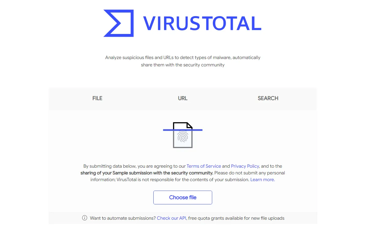 Giao diện trang chủ VirusTotal để kiểm tra tệp hoặc liên kết nghi ngờ virus