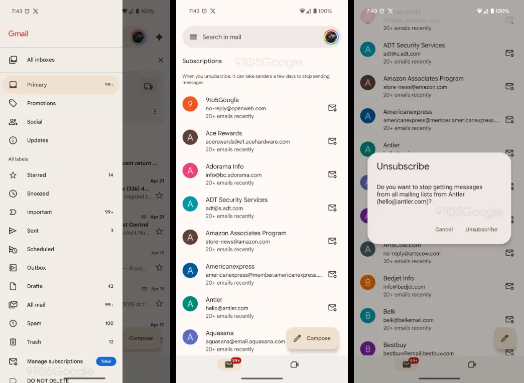 Giao diện trang Quản lý đăng ký mới trong ứng dụng Gmail, hiển thị danh sách các bản tin và tùy chọn hủy đăng ký