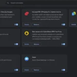 Giao diện trang quản lý tiện ích mở rộng của Google Chrome, hiển thị các tùy chọn bật/tắt và xóa tiện ích giúp tăng tốc trình duyệt.