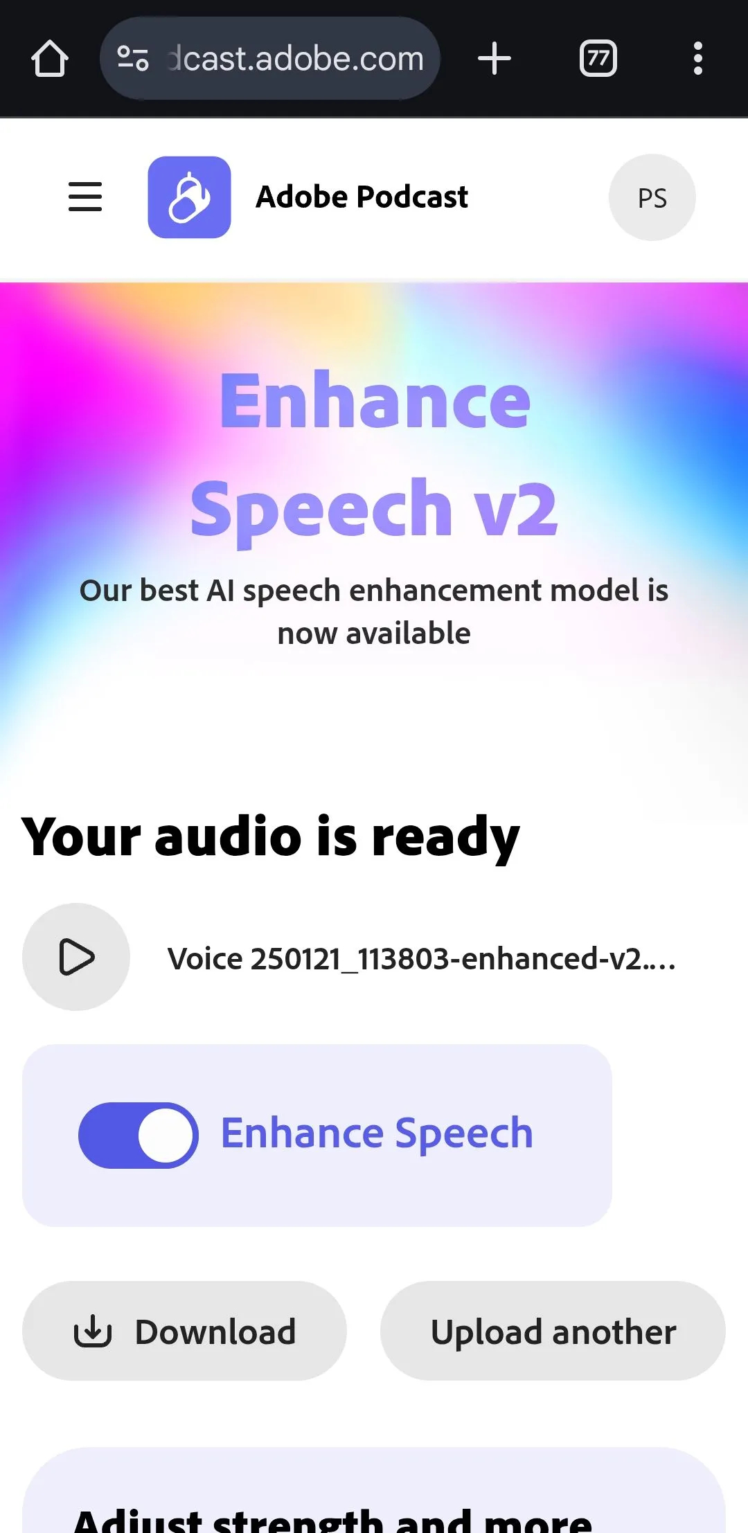 Giao diện trang web Adobe Enhance Speech trên trình duyệt Chrome cho Android, minh họa tùy chọn tải xuống tệp âm thanh đã được khử nhiễu.