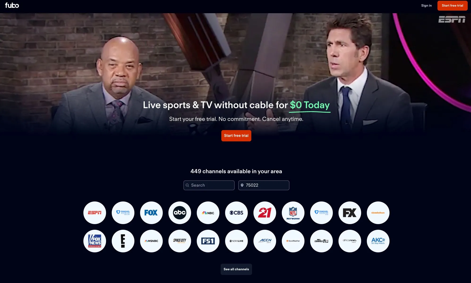 Giao diện trang web Fubo TV hiển thị thông tin các gói cước và dịch vụ truyền hình trực tuyến