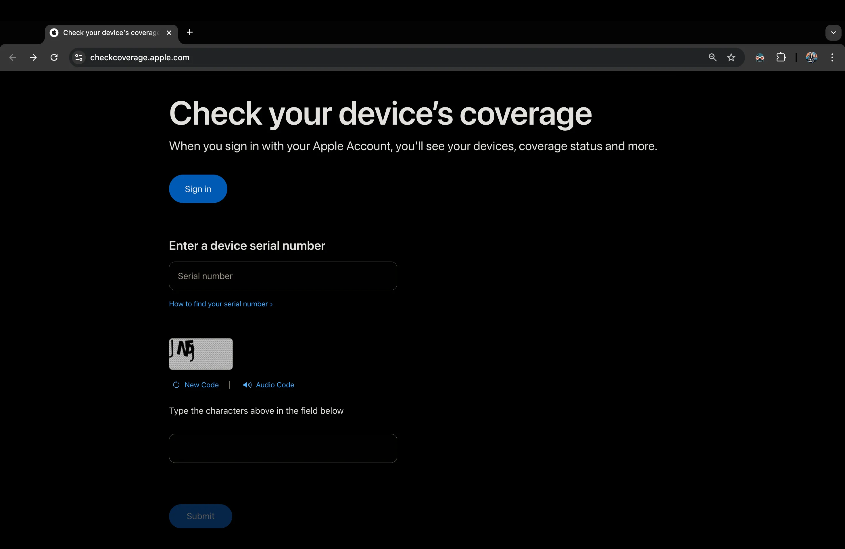 Giao diện trang web Kiểm tra Bảo hành của Apple, nơi bạn nhập số serial để xác định đời AirPods và tình trạng bảo hành