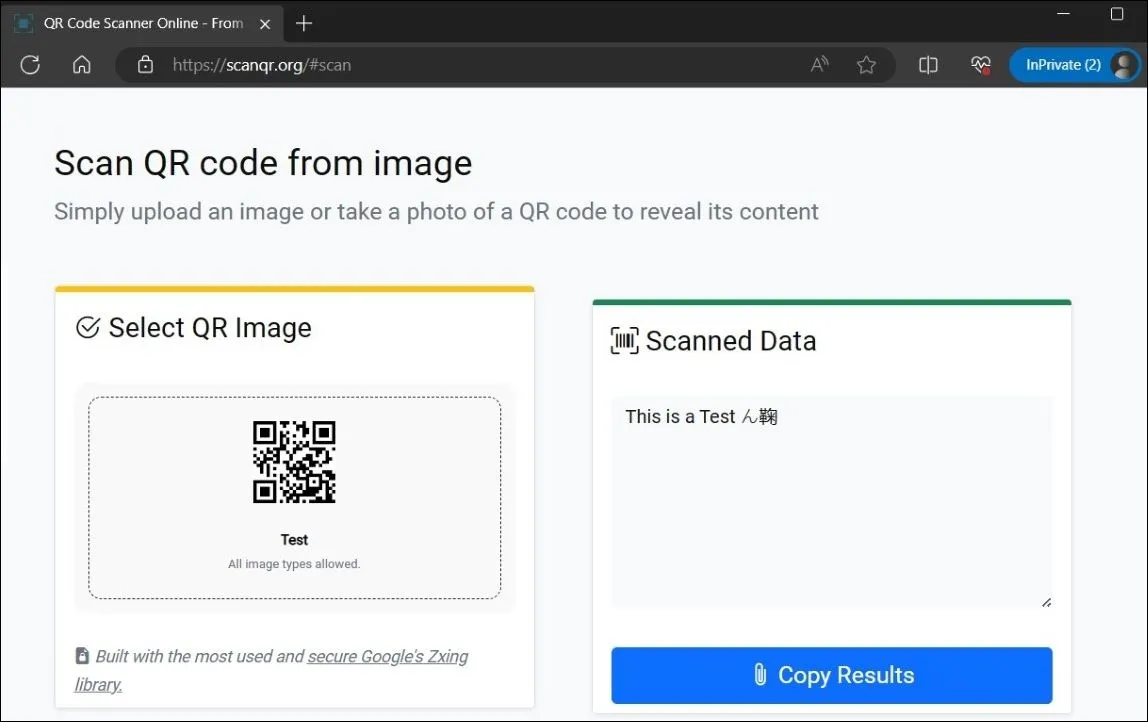 Giao diện trang web ScanQR.org khi quét mã QR từ ảnh, hiển thị kết quả dữ liệu đã quét