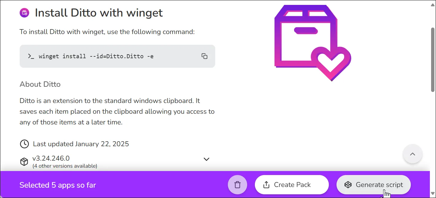 Giao diện trang web Winstall.app với tùy chọn tạo gói và tạo script để cài đặt ứng dụng hàng loạt