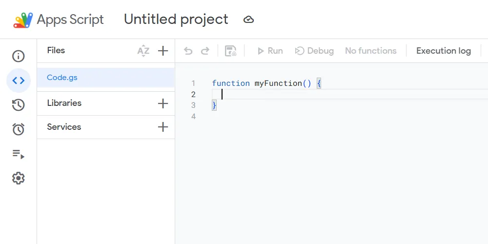 Giao diện trình chỉnh sửa Google Apps Script với mã lệnh JavaScript đang hiển thị, minh họa môi trường phát triển.