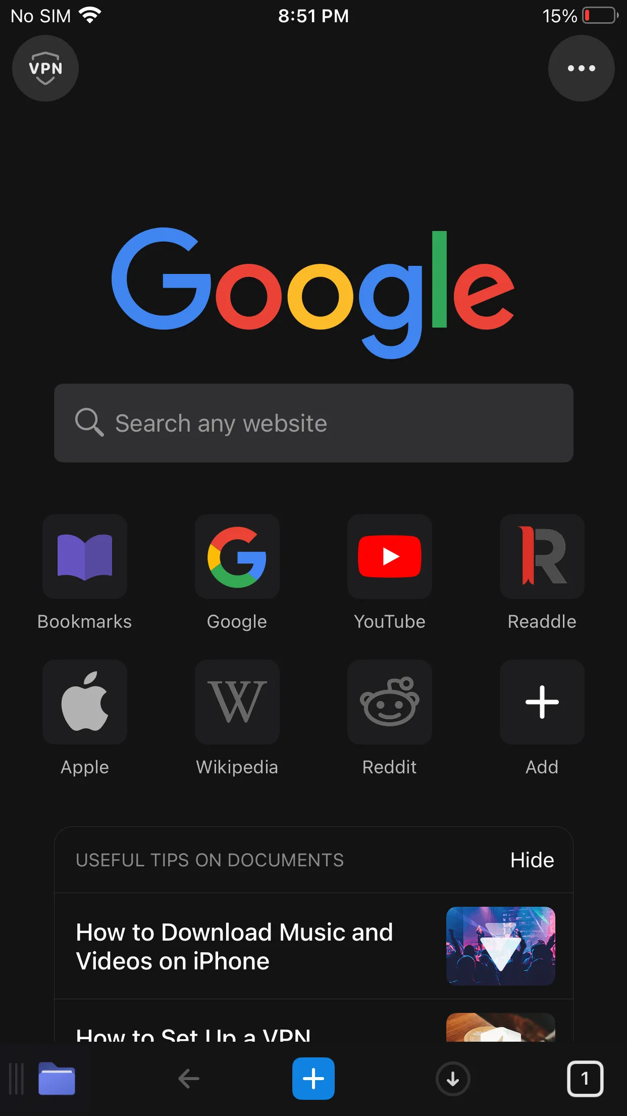 Giao diện trình duyệt web tích hợp trong ứng dụng Documents của Readdle.