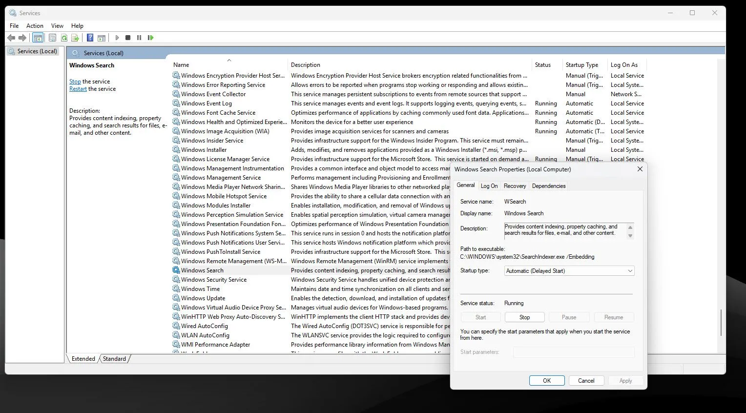 Giao diện Trình quản lý Dịch vụ Windows hiển thị cài đặt dịch vụ Windows Search