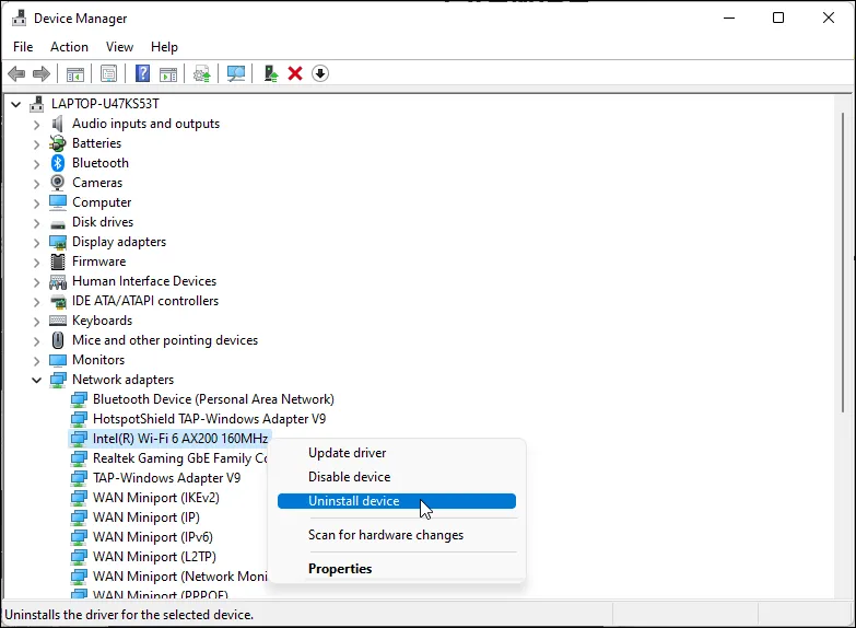 Giao diện Trình quản lý Thiết bị trên Windows 11 hiển thị tùy chọn gỡ cài đặt trình điều khiển card mạng Wi-Fi.