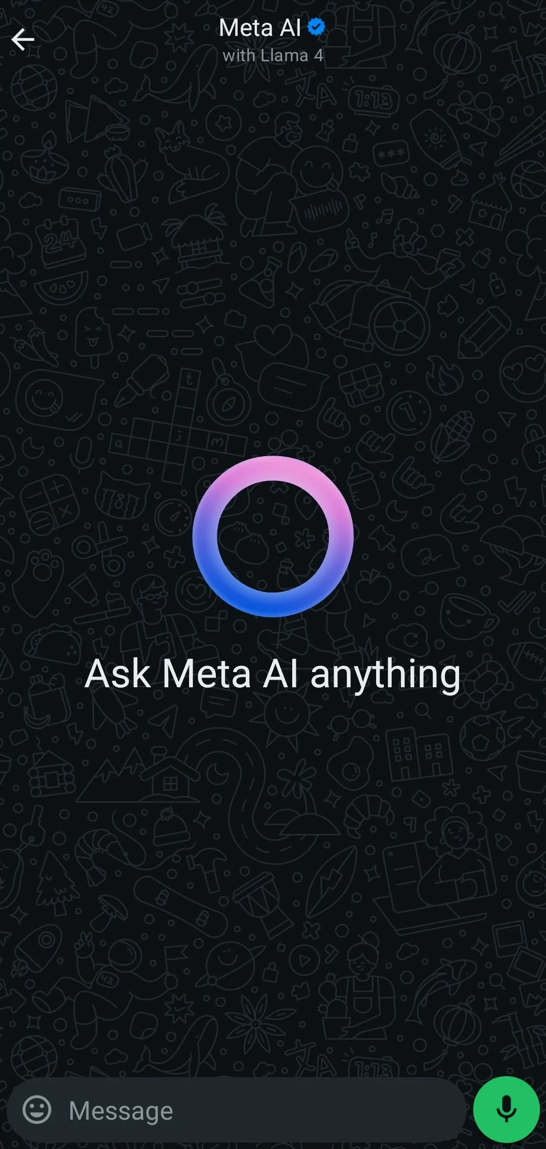 Giao diện trò chuyện Meta AI trống trải trên WhatsApp, hiển thị nút AI nổi bật.