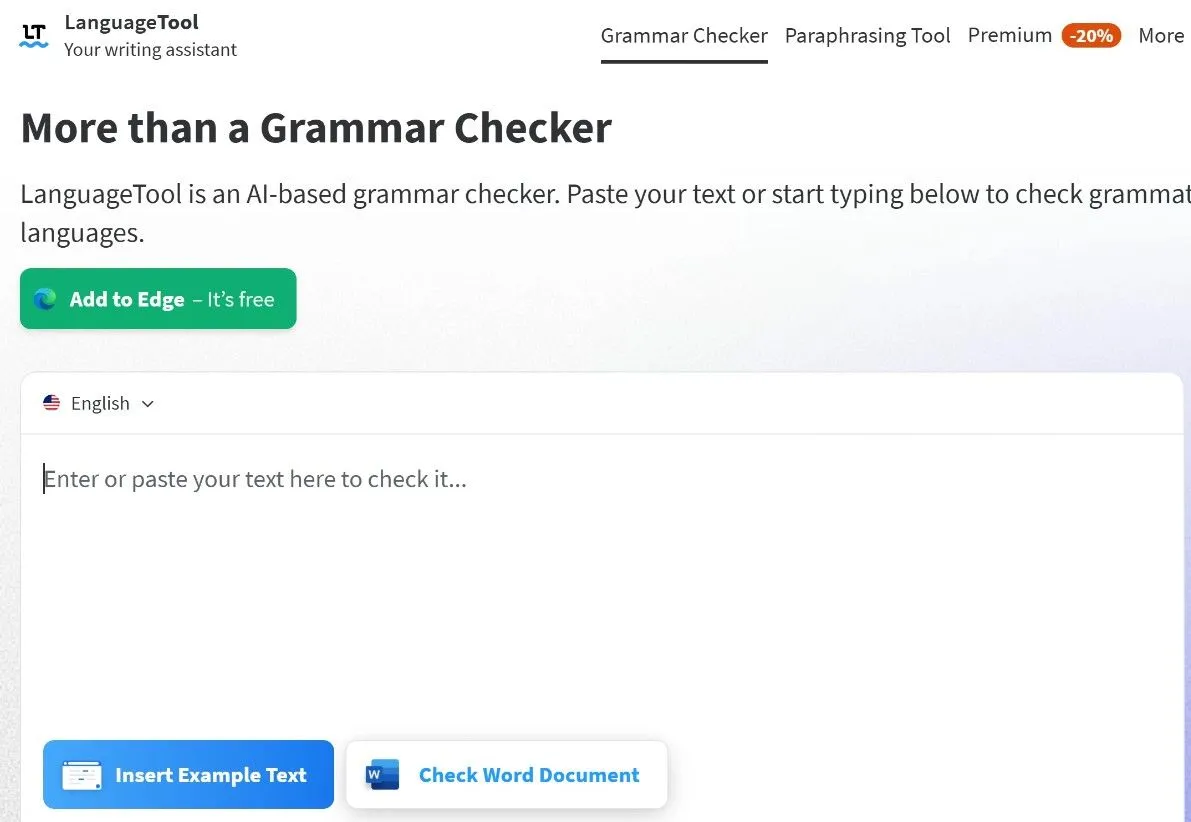 Giao diện trực tuyến của LanguageTool hiển thị các gợi ý sửa lỗi ngữ pháp trên văn bản