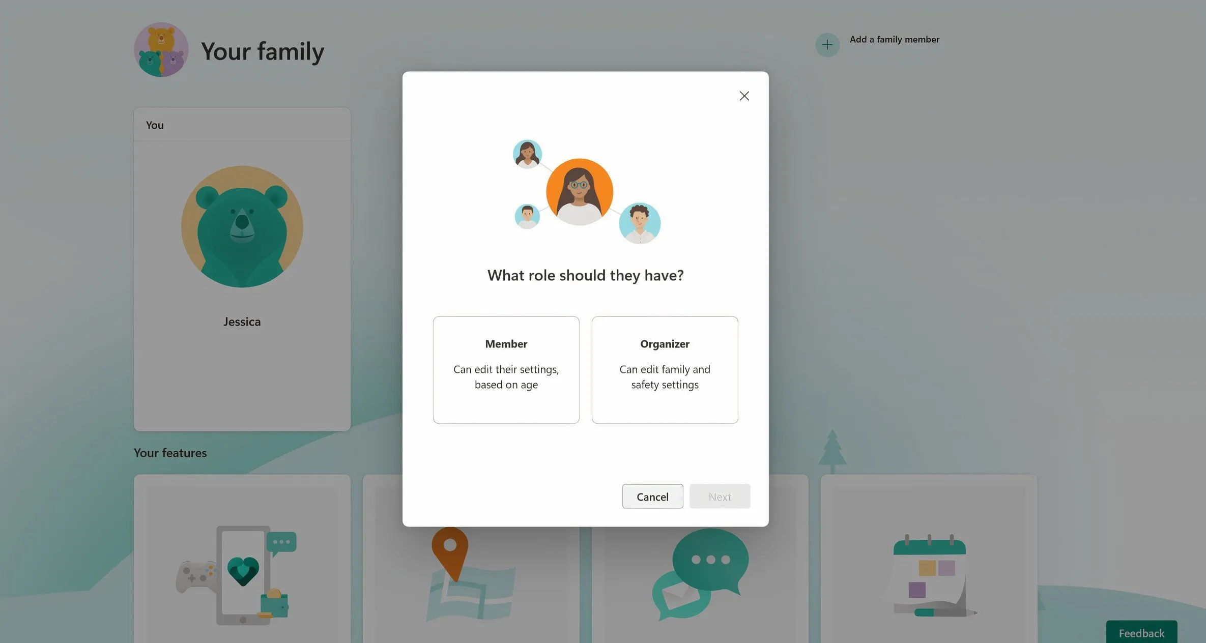 Giao diện trung tâm Microsoft Family Safety hiển thị cửa sổ thêm thành viên gia đình để quản lý thời gian màn hình của trẻ.
