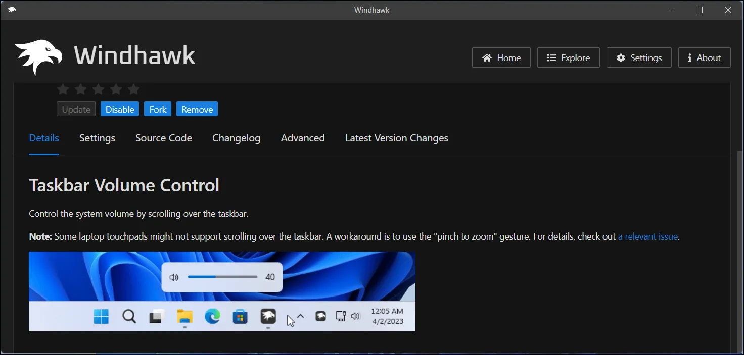 Giao diện tùy chỉnh mod điều khiển âm lượng từ thanh Taskbar của Windhawk, cho phép điều chỉnh âm thanh hệ thống trên Windows 11