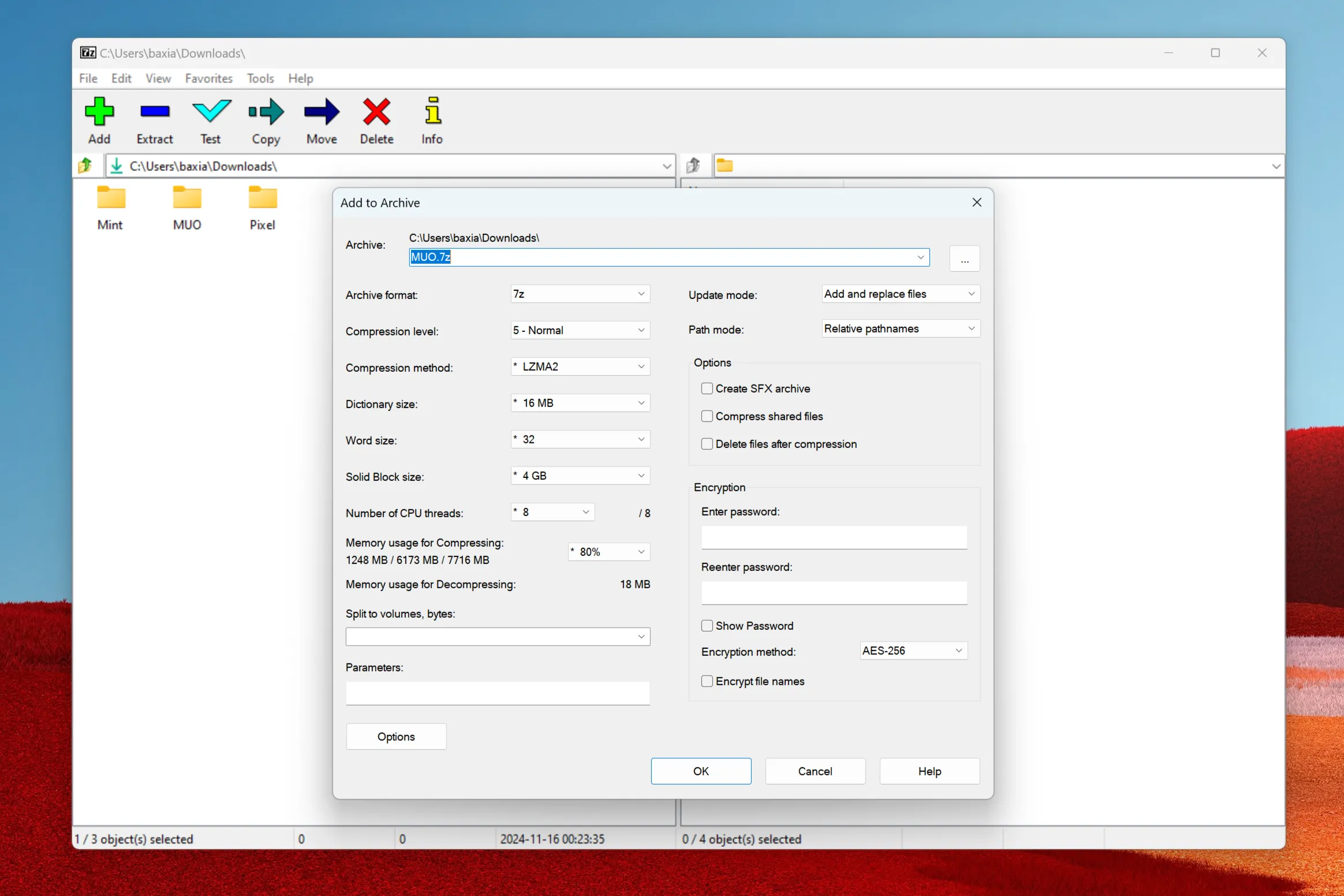 Giao diện tùy chọn của 7-Zip để tạo file nén 7z mới, cho phép tùy chỉnh các cài đặt nén.