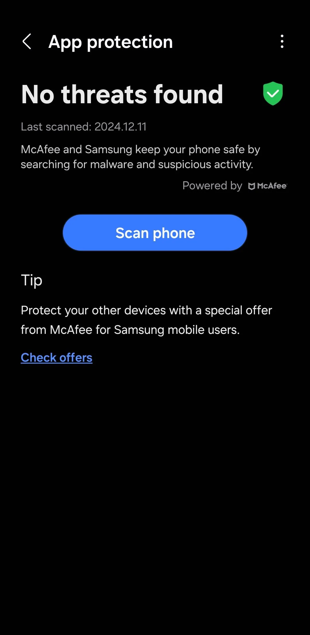 Giao diện tùy chọn quét điện thoại Android tìm phần mềm độc hại