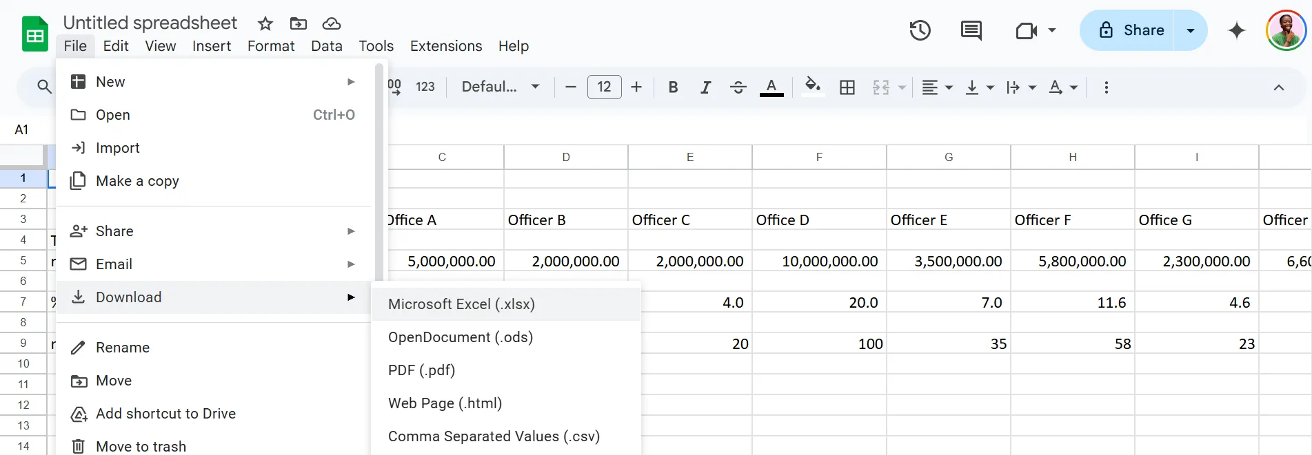 Giao diện tùy chọn tải xuống file từ Google Sheets, hiển thị các định dạng phổ biến như Excel (.xlsx), PDF, CSV.
