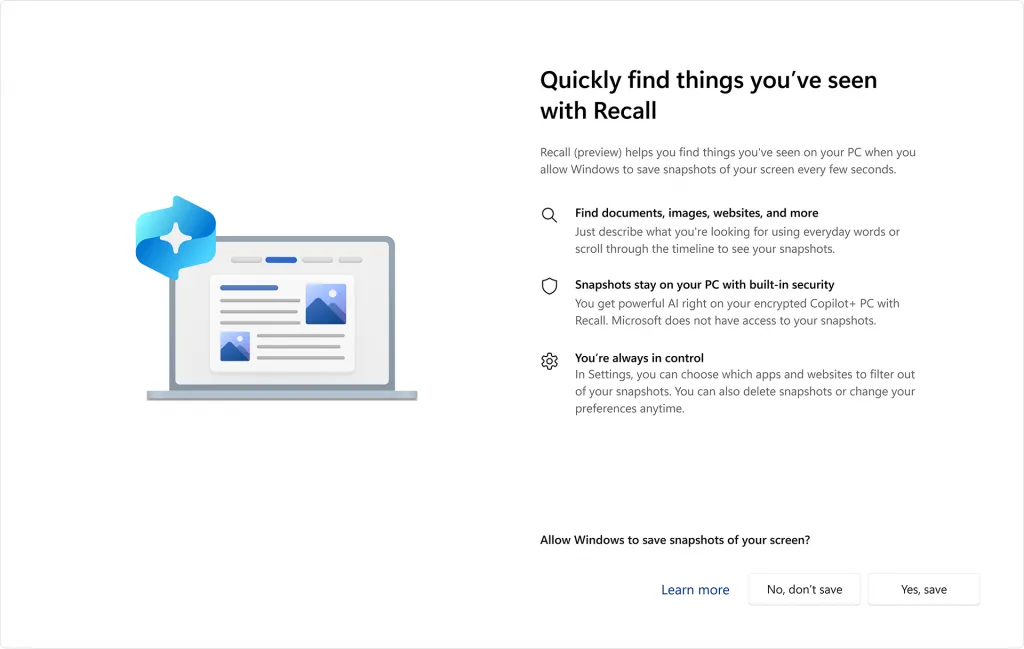 Giao diện tùy chọn tính năng Recall của Microsoft trên Windows