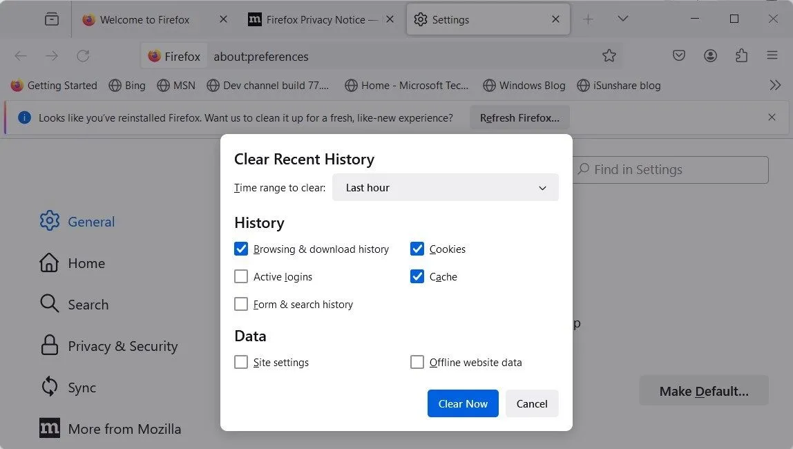 Giao diện tùy chọn xóa lịch sử duyệt web và dữ liệu trên Mozilla Firefox
