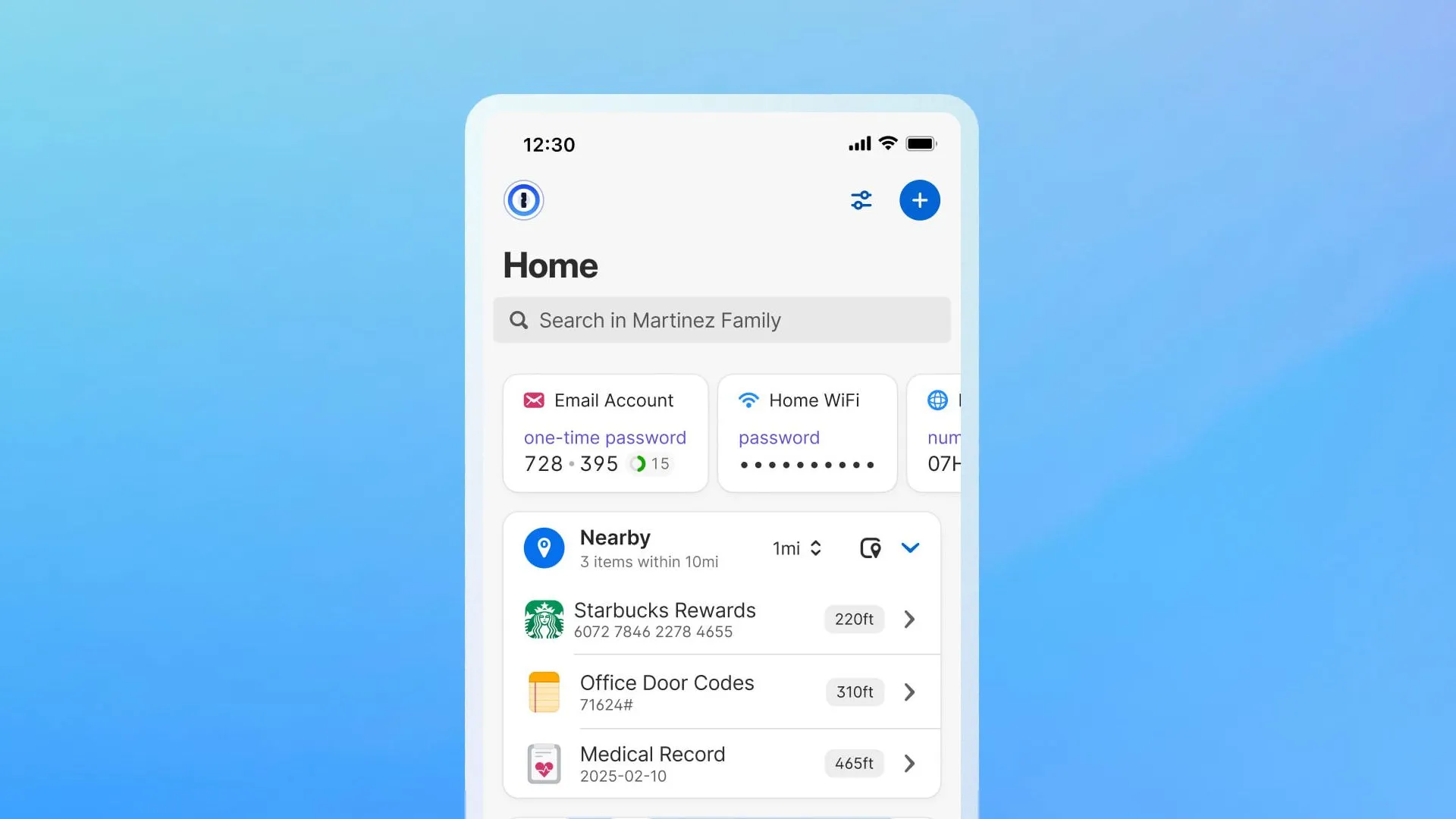 Giao diện ứng dụng 1Password trên Android hiển thị các mục được sắp xếp khoa học, minh họa cho sự uy tín của trình quản lý mật khẩu.