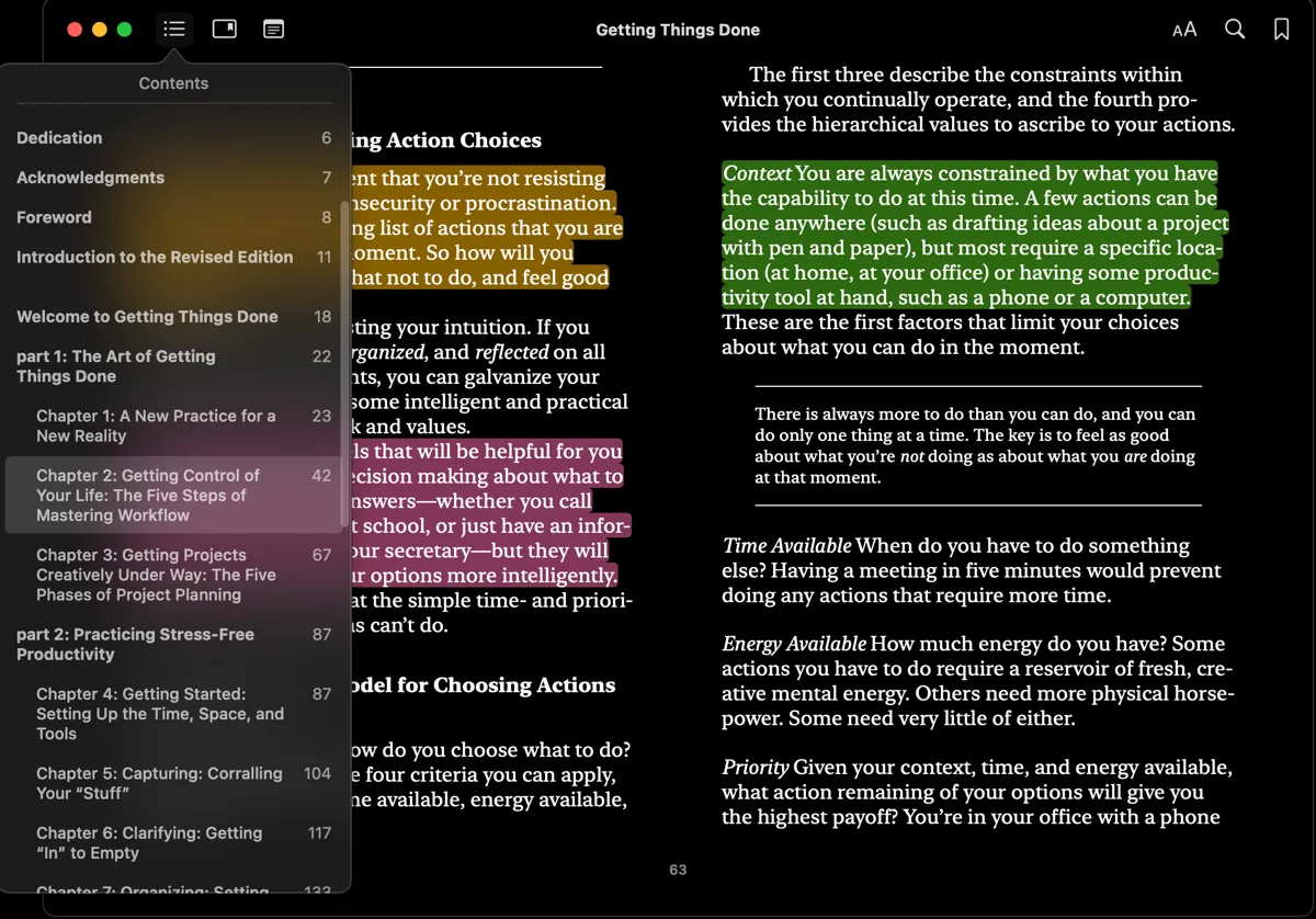 Giao diện ứng dụng Apple Books hiển thị sách &quot;Getting Things Done&quot;, minh họa cách quản lý và đọc sách điện tử