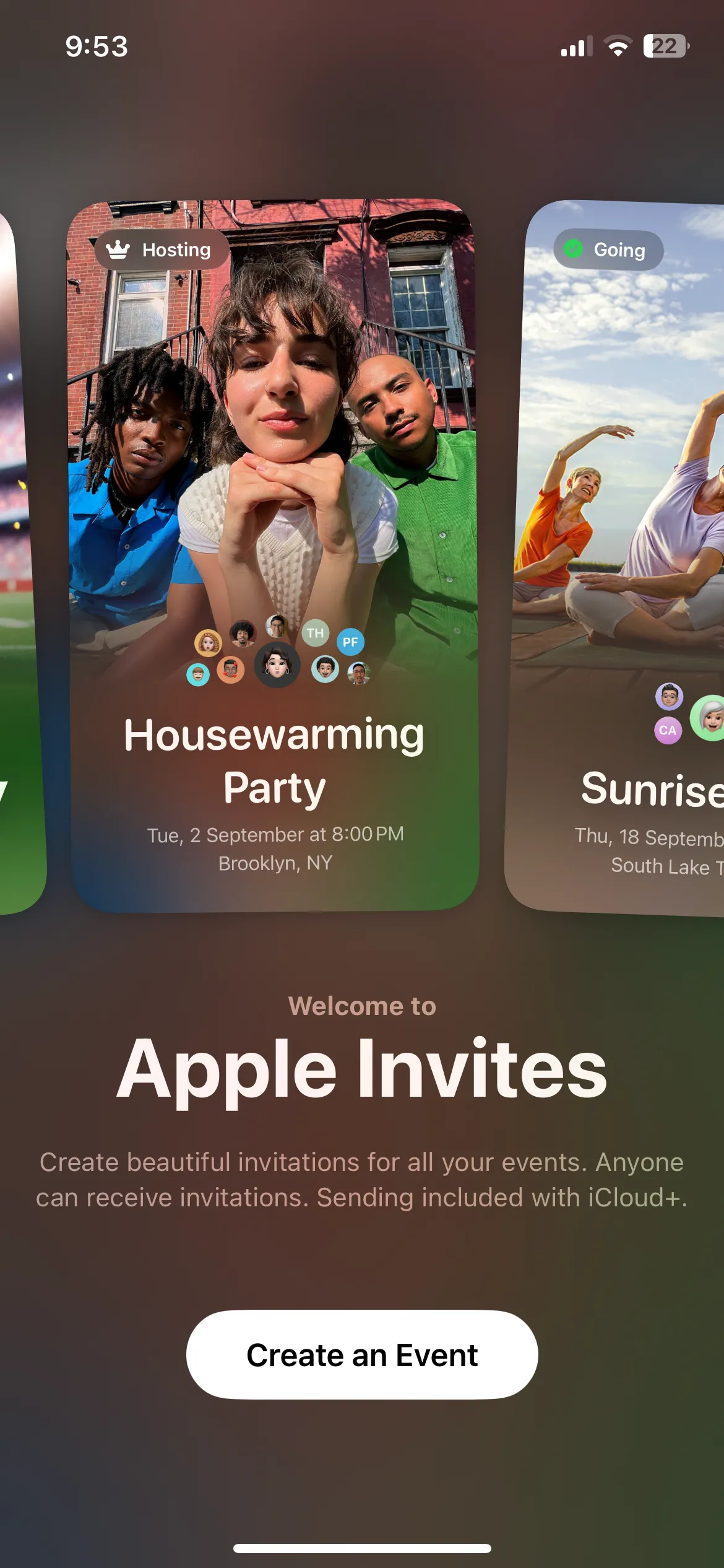 Giao diện ứng dụng Apple Invites trên iPhone, hiển thị các lời mời đã tạo.