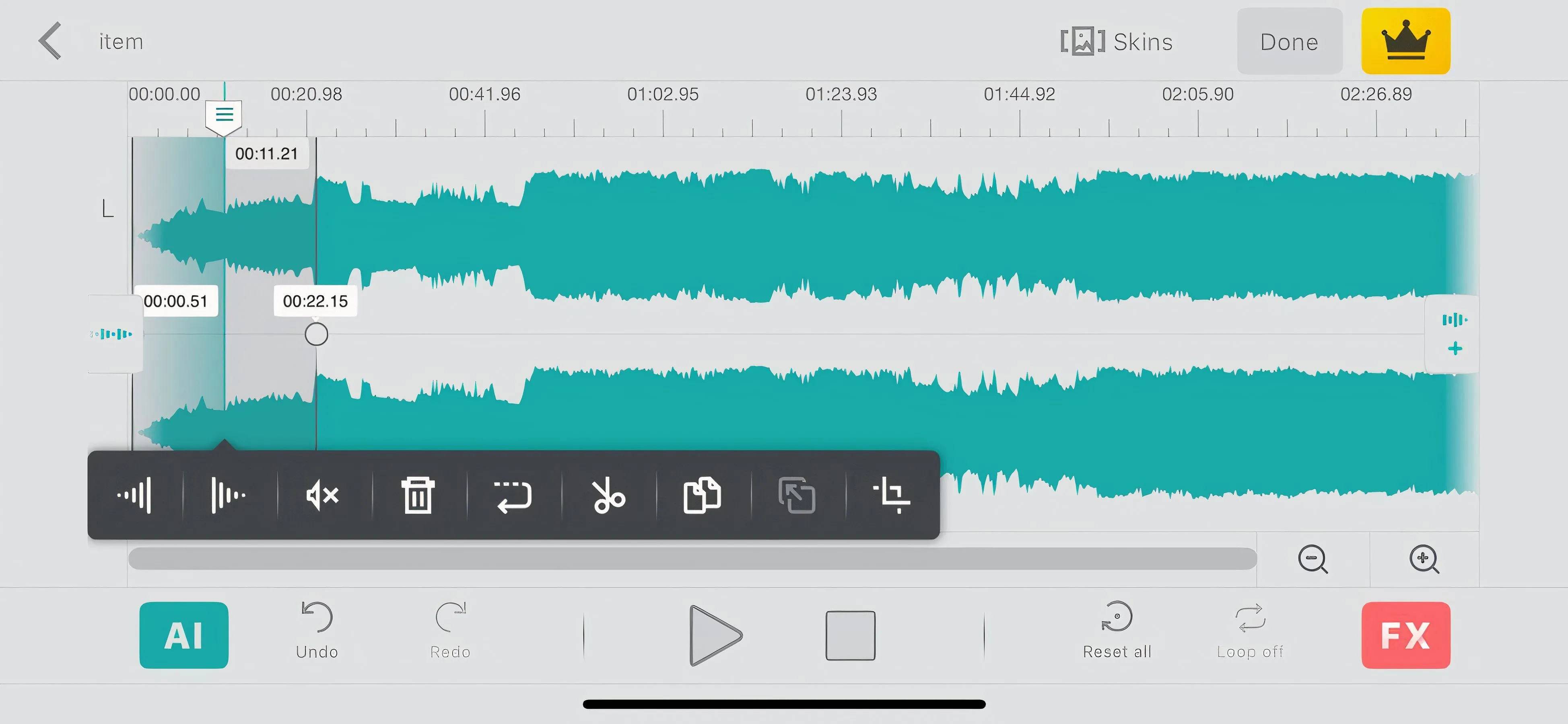 Giao diện ứng dụng Audio Editor Tool trên iPhone hỗ trợ Fade In/Out
