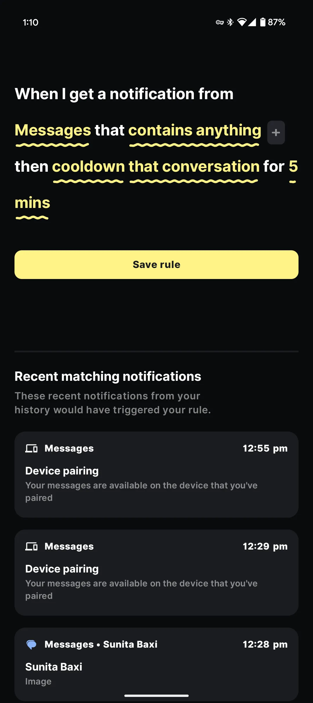 Giao diện ứng dụng BuzzKill trên Android, hiển thị màn hình tạo quy tắc thông báo mới với các tùy chọn điều kiện và hành động