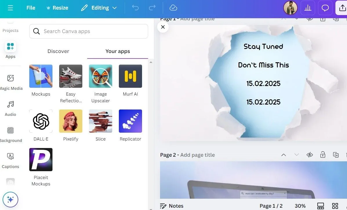 Giao diện ứng dụng Canva trên máy tính hiển thị thẻ &quot;Ứng dụng&quot; với các icon và tên của các ứng dụng tích hợp sẵn