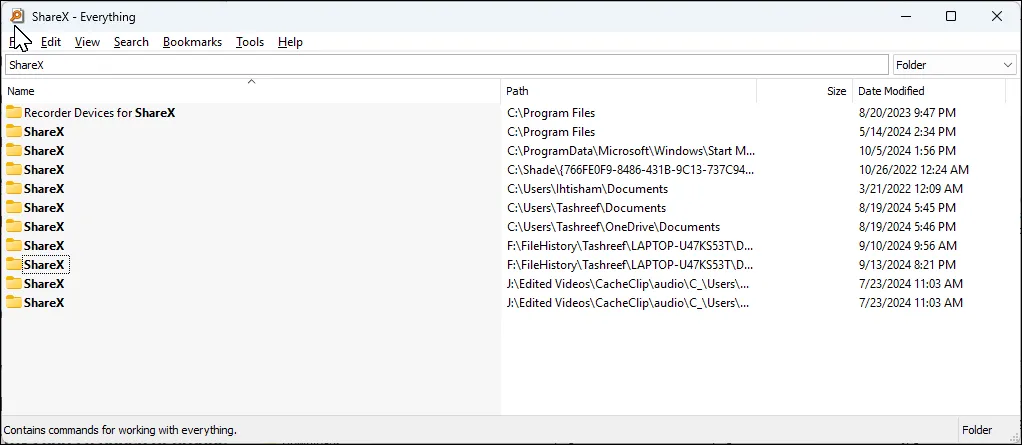 Giao diện ứng dụng Everything trên Windows 11 hiển thị kết quả tìm kiếm nhanh 'ShareX'.