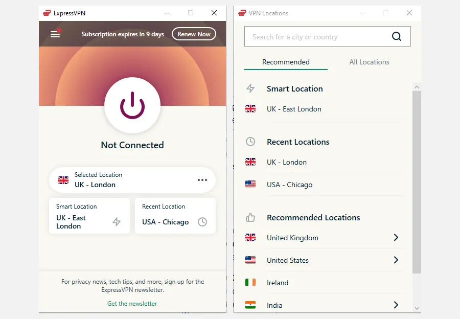Giao diện ứng dụng ExpressVPN hiển thị menu chính và danh sách các vị trí máy chủ, minh họa tính năng ẩn địa chỉ IP.