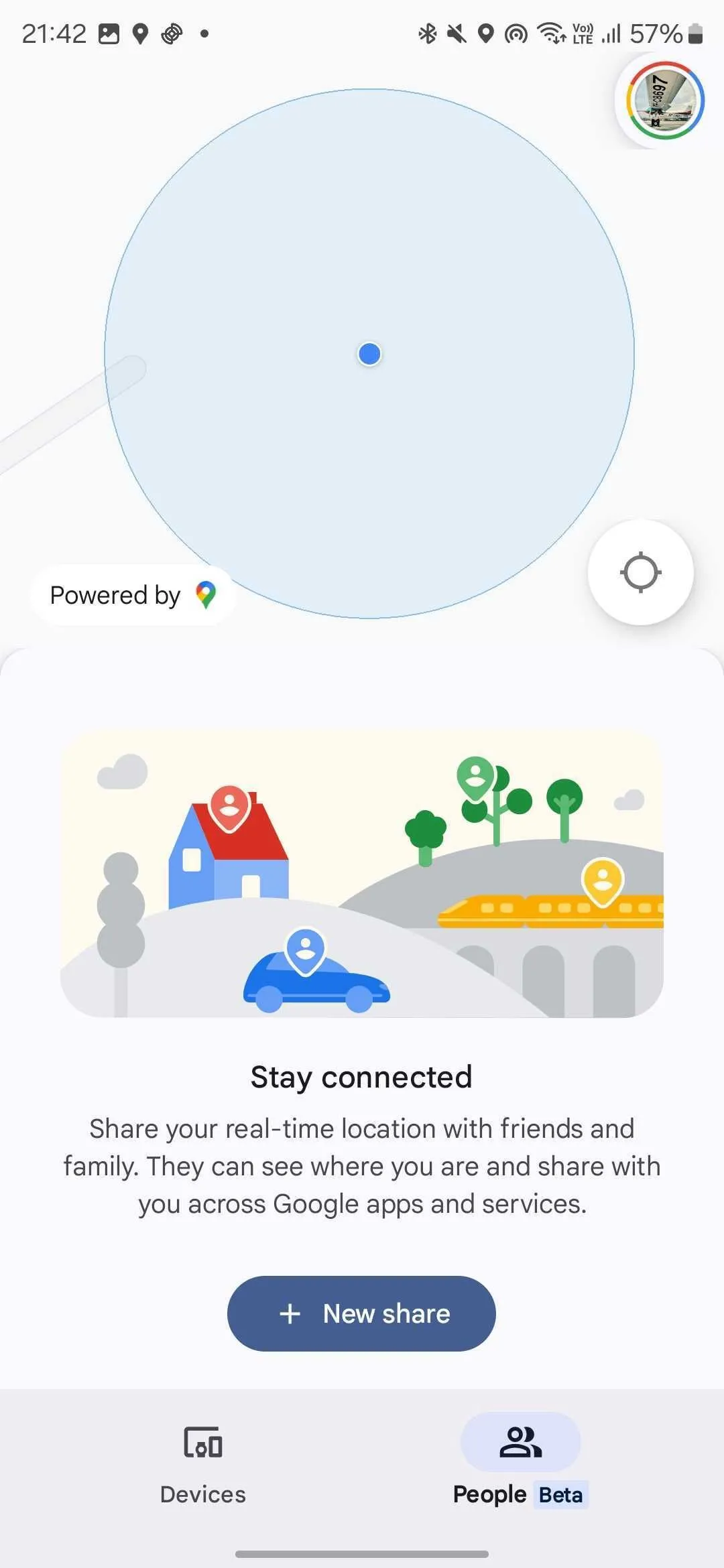 Giao diện ứng dụng Google Find My Device với tab &quot;Mọi người (Beta)&quot; được chọn, hiển thị tùy chọn &quot;+ Chia sẻ mới&quot;.