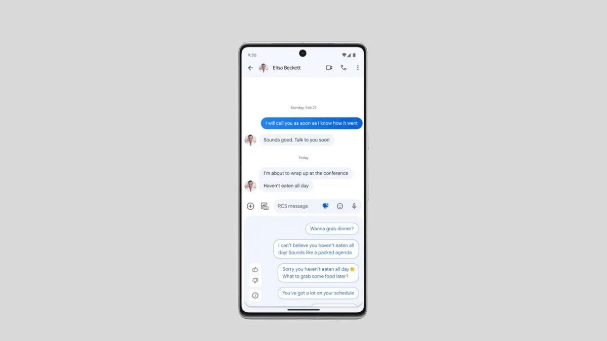 Giao diện ứng dụng Google Messages trên Android, hiển thị tính năng soạn tin nhắn thông minh Magic Compose cùng biểu tượng RCS.
