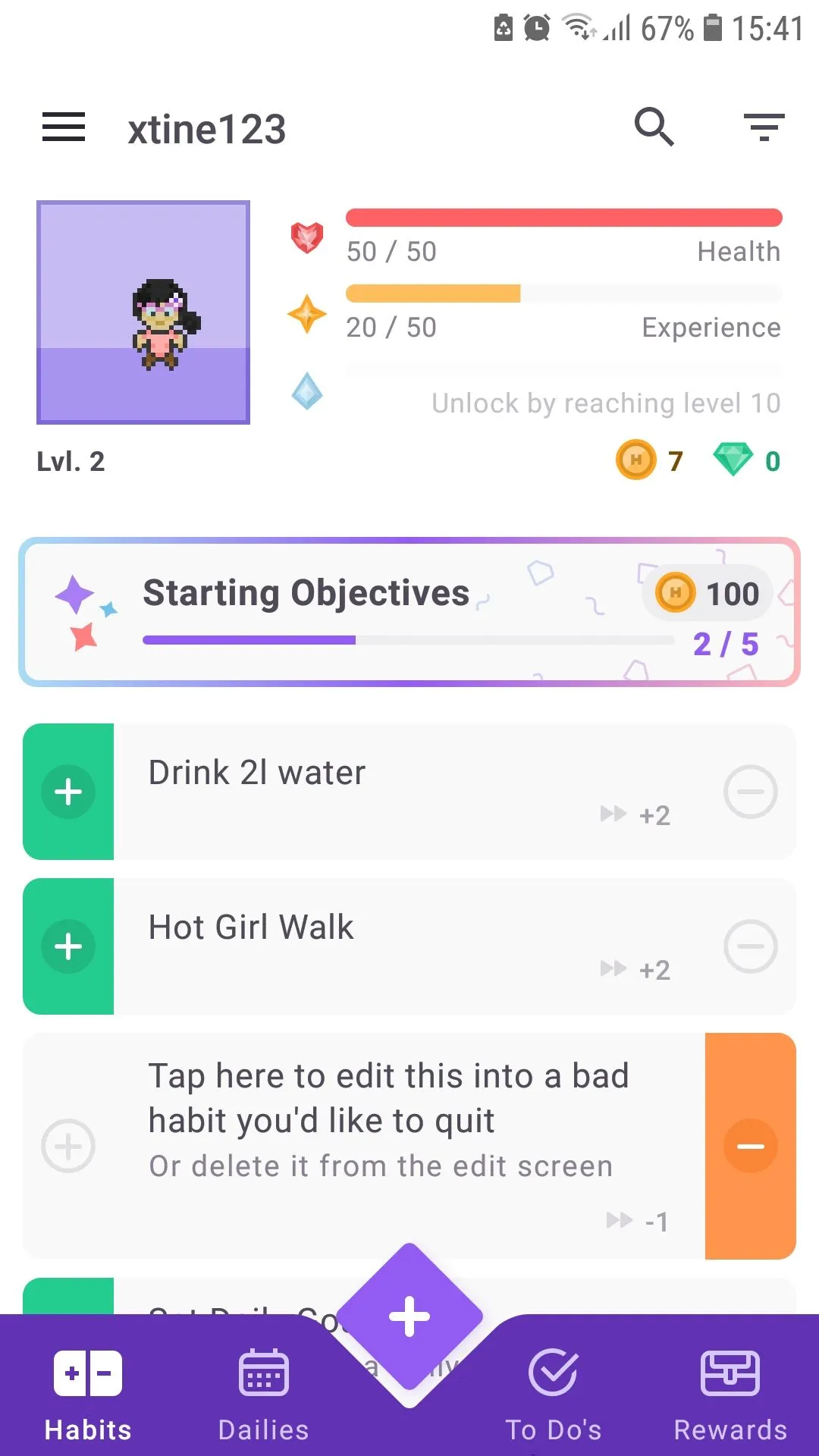 Giao diện ứng dụng Habitica với nhân vật game, hiển thị danh sách các thói quen hàng ngày cần hoàn thành