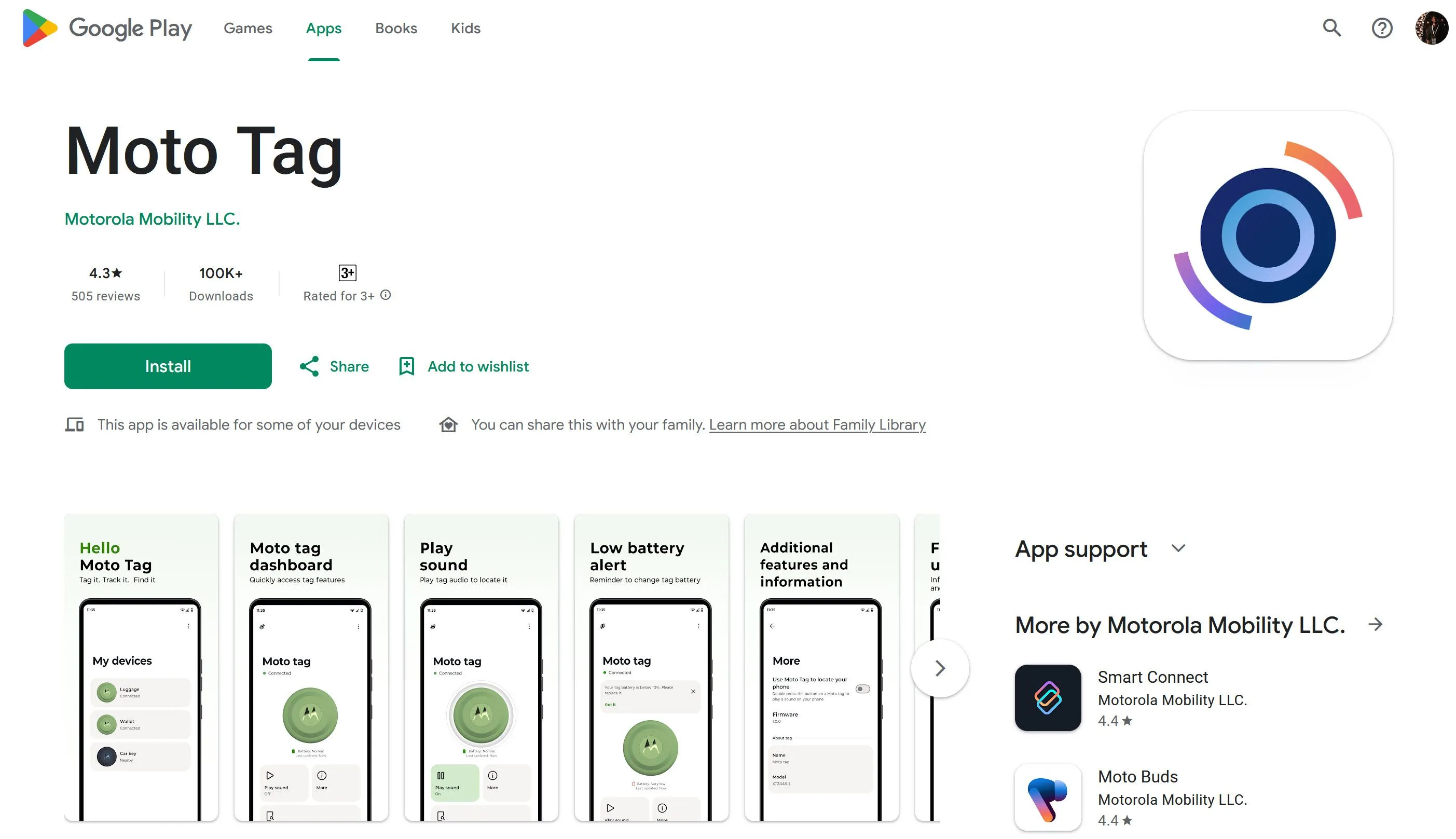 Giao diện ứng dụng Moto Tag trên Google Play Store, cho phép quản lý và cập nhật thiết bị theo dõi Moto Tag hỗ trợ UWB.