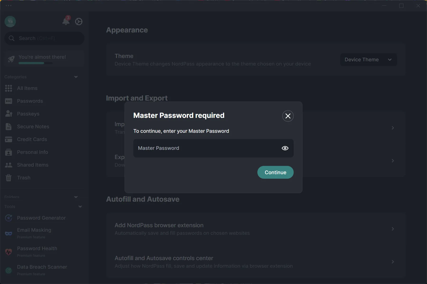 Giao diện ứng dụng NordPass trên máy tính yêu cầu nhập mật khẩu chính (master password) để tiếp tục.