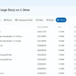 Giao diện ứng dụng PC Manager hiển thị danh sách các tệp tin lớn trên máy tính, kèm tùy chọn lọc theo kích thước và loại.