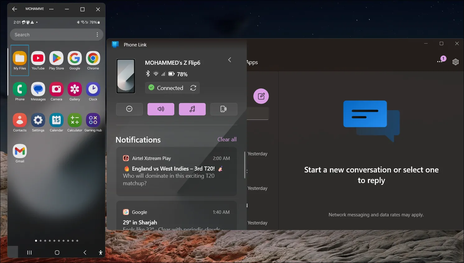 Giao diện ứng dụng Phone Link trên Windows 11 hiển thị tính năng phản chiếu màn hình điện thoại Samsung Galaxy.
