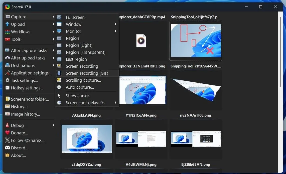 Giao diện ứng dụng ShareX trên Windows với các tùy chọn chụp màn hình