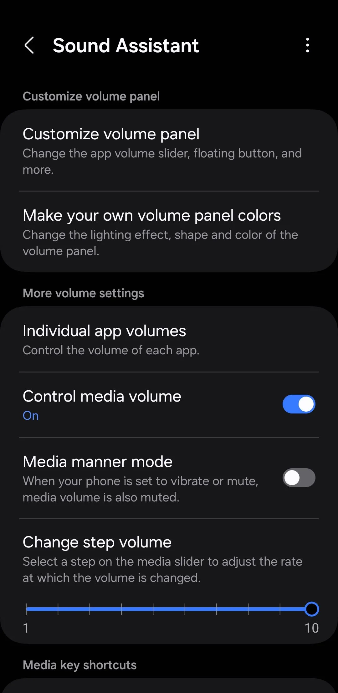 Giao diện ứng dụng Sound Assistant của Samsung cho phép điều chỉnh âm lượng từng ứng dụng