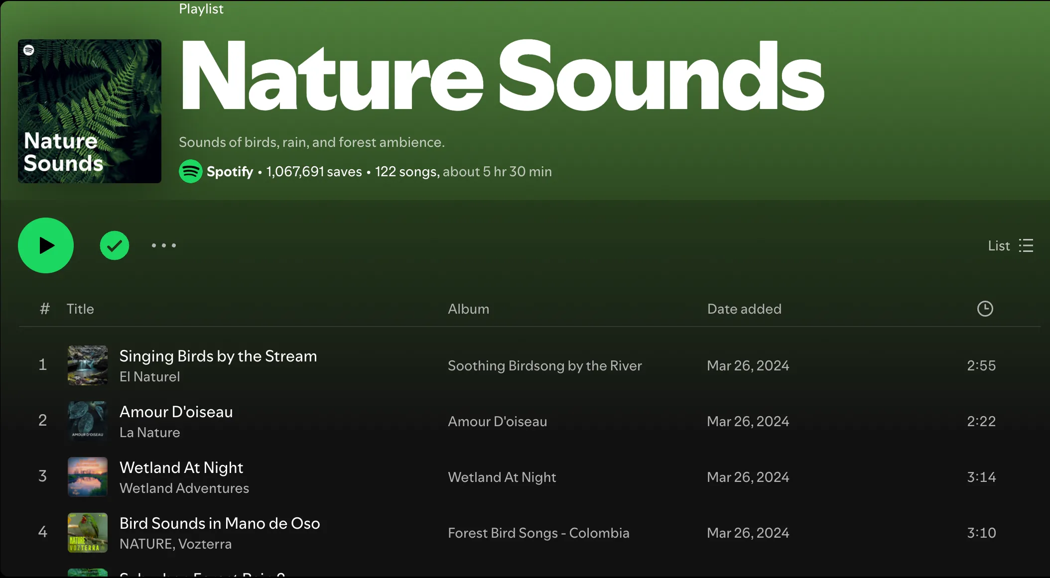 Giao diện ứng dụng Spotify với playlist &quot;Nature Sounds&quot; (Âm thanh tự nhiên), minh họa việc sử dụng nhạc nền để tăng cường sự tập trung khi làm việc.